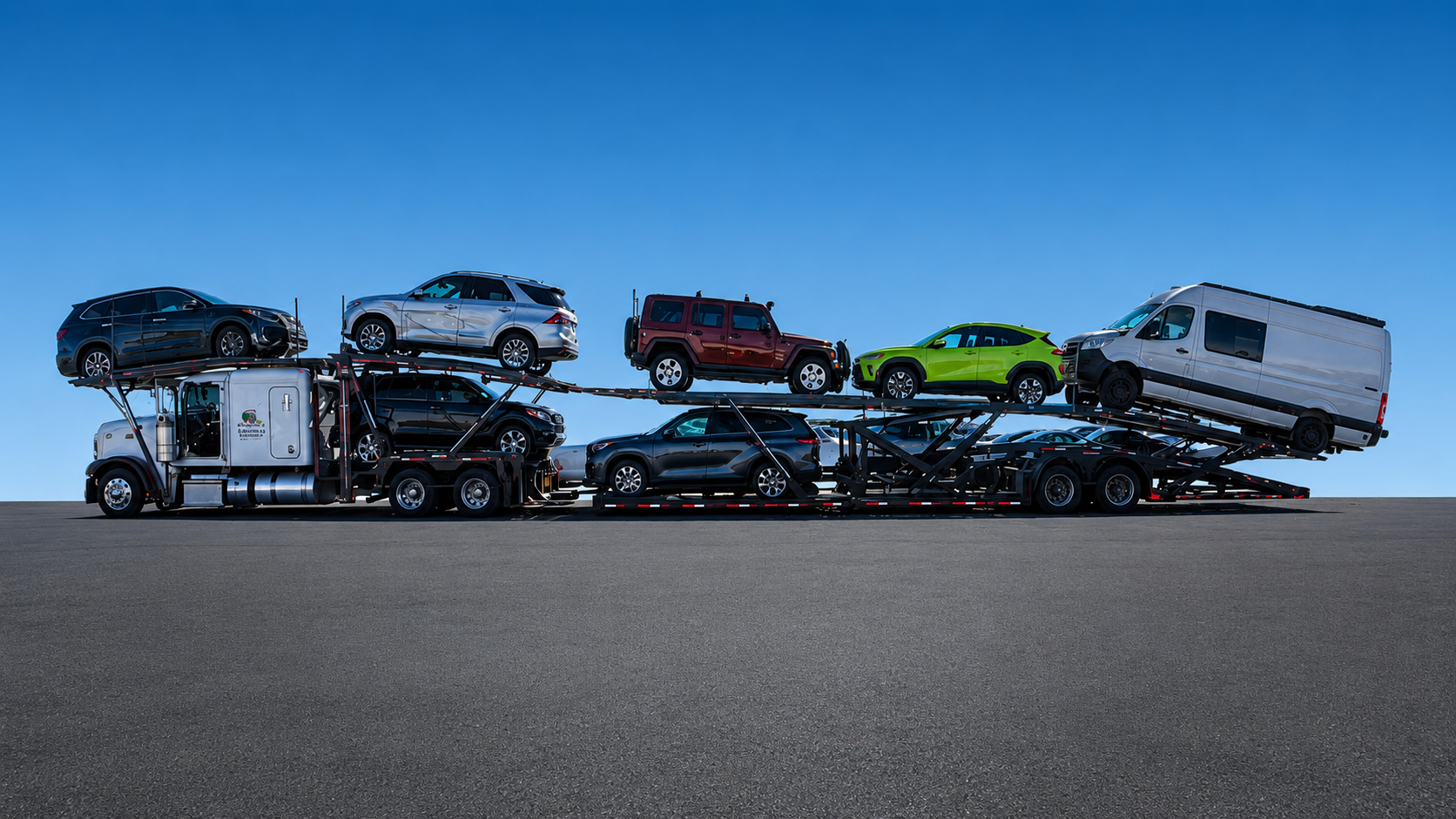 G's Logistics car hauler loaded with SUVs, a Jeep and a van
