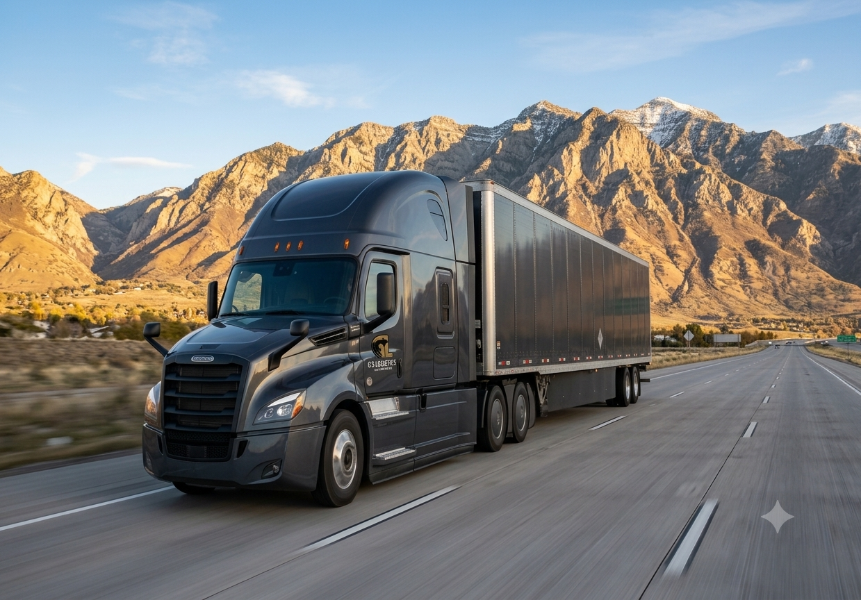 G's Logistics truck hauling on the highway beneath the Wasatch mountains